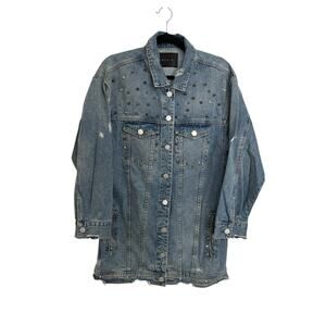 Blank NYC Denim Jacket Women Large Blue Jean Studded Distressed Oversized Cotton